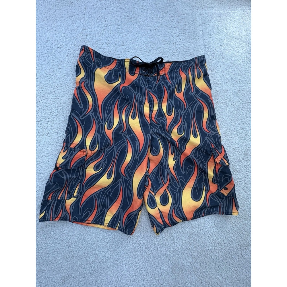 Hang Ten All Over Flame Print Board Shorts Swim Trunks Black Red Yellow Size XL